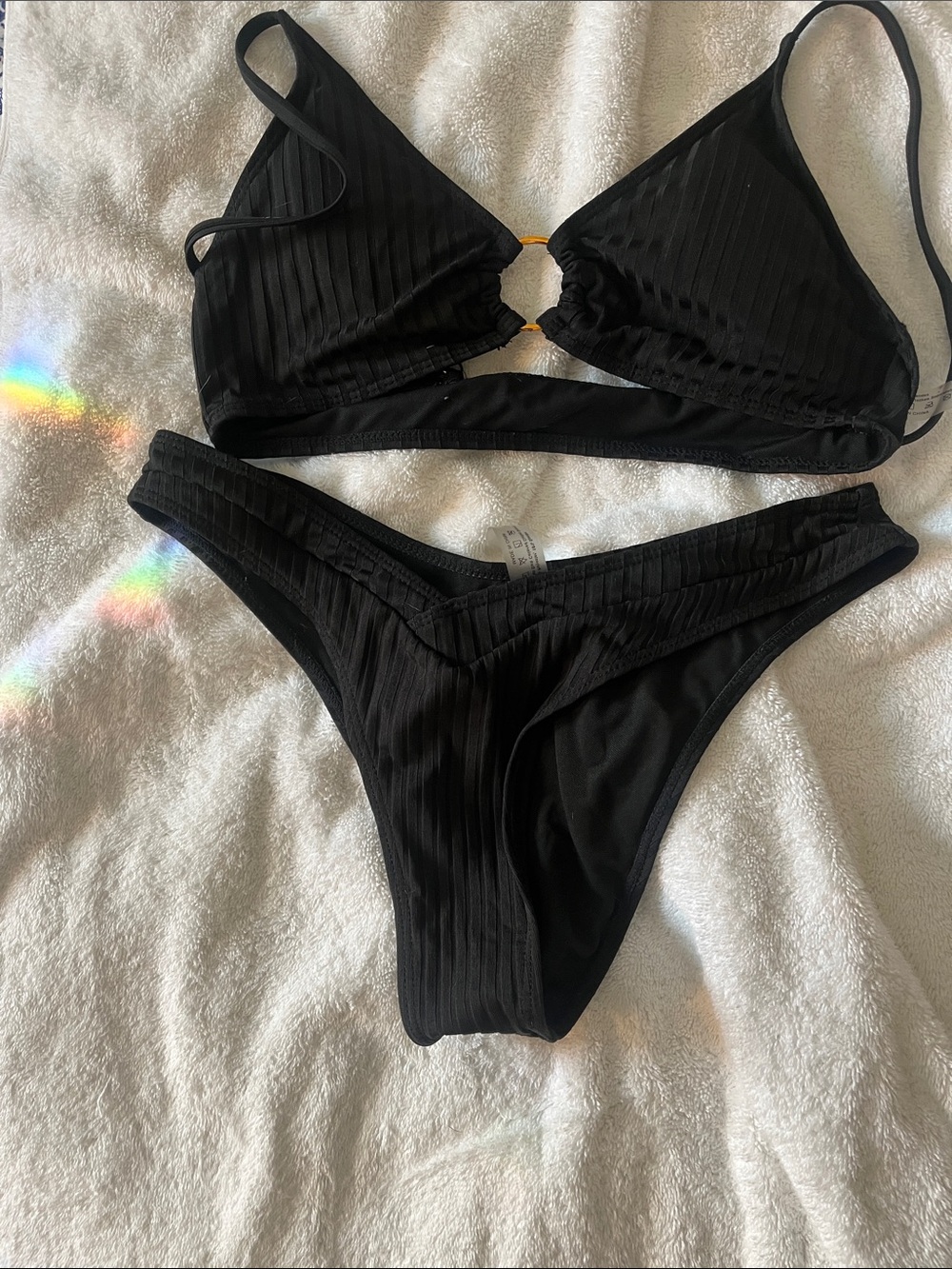 Black Ribbed Bikini Set - Triangle Top & High Cut Bottom